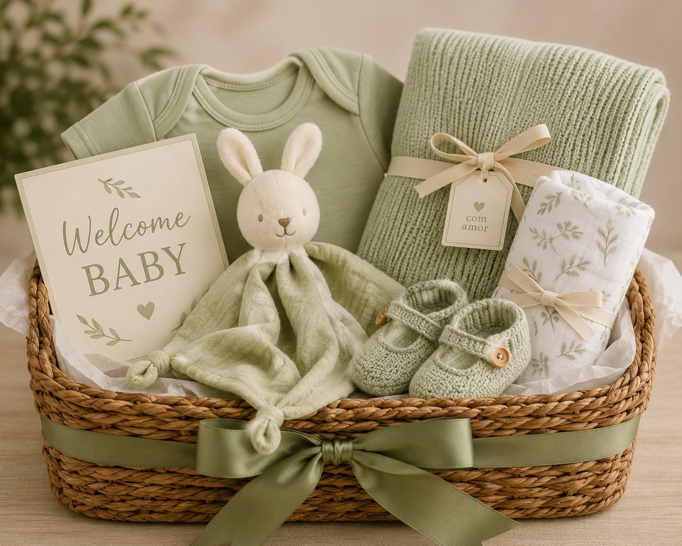 Baby hamper in soft sage green with a bunny plush, knitted booties, baby clothes and a Welcome Baby card.