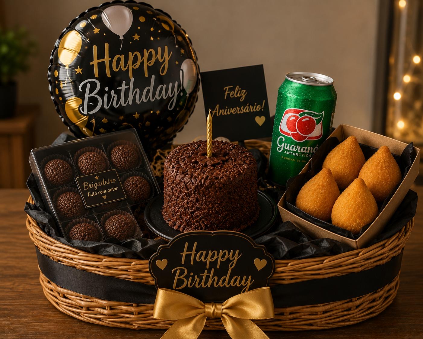 Birthday hamper with chocolate cake, brigadeiros, savoury snacks and a Happy Birthday balloon.