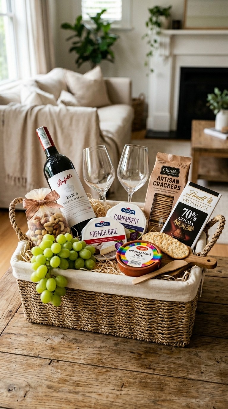 Corporate hamper with Penfolds Bin 2 Shiraz Mataro 2020, two wine glasses, gourmet nuts, fresh grapes and strawberries, Olina's Bakehouse crackers, Emborg Camembert and Brie, Normandie chicken pâté and Lindt Excellence dark chocolate.