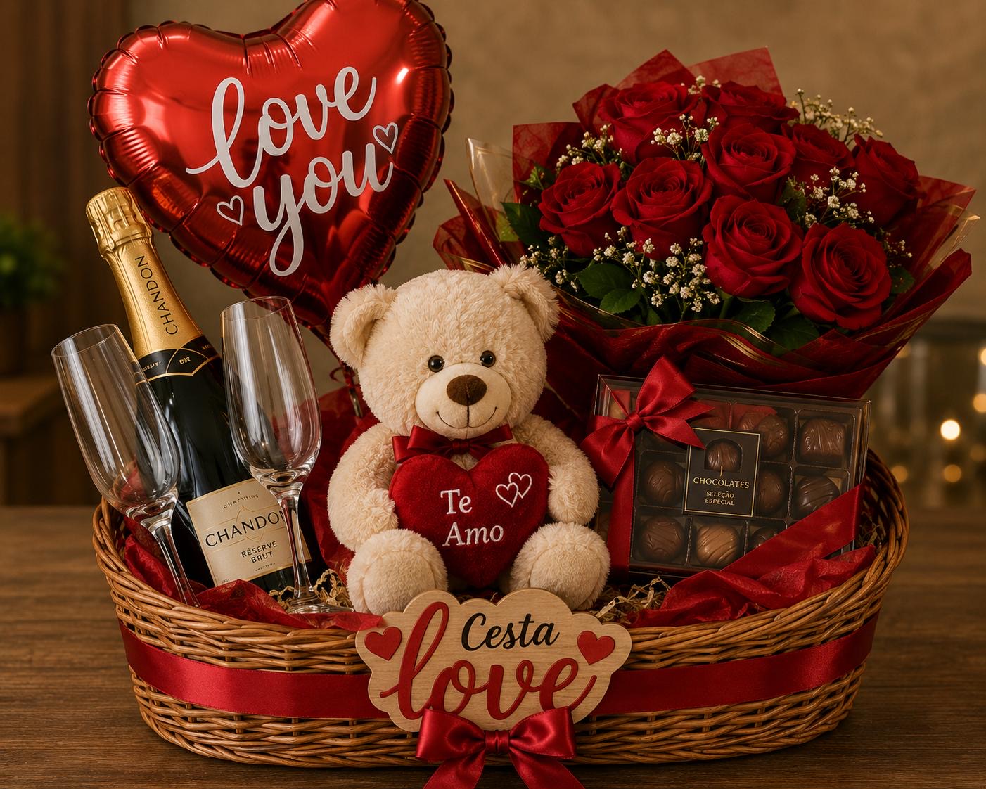 Love hamper with red roses, sparkling wine, two champagne flutes, a teddy bear and chocolates.