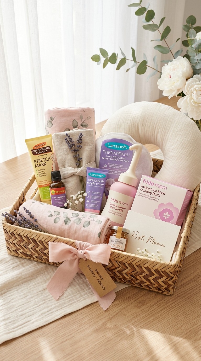 Mommy Care postpartum recovery hamper with cocoa butter, lavender oil, heat pack, nipple cream, breast therapy pack, cooling pad liners, non-slip peri bottle and nursing pillow.