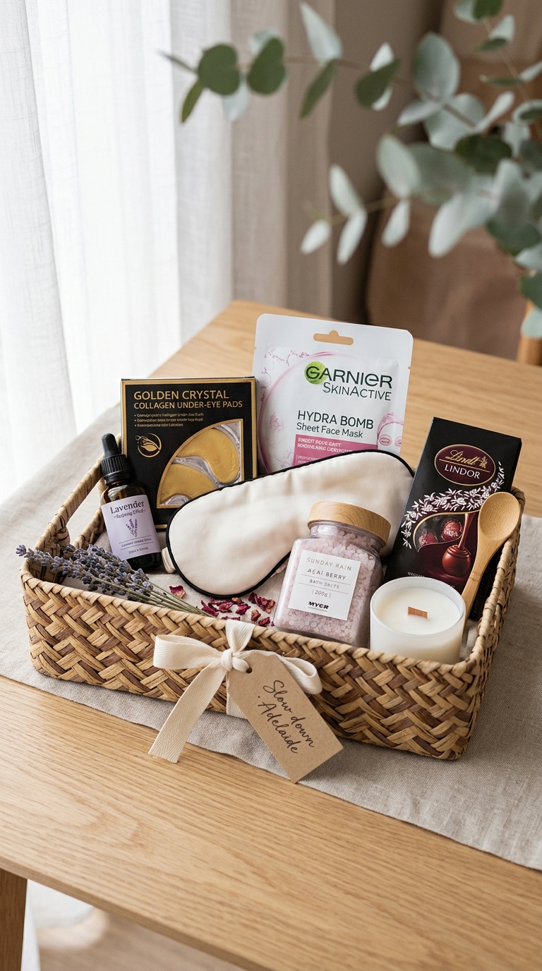 Spa hamper with lavender oil, collagen eye pads, face mask, silk sleep mask, bath salts and chocolates.