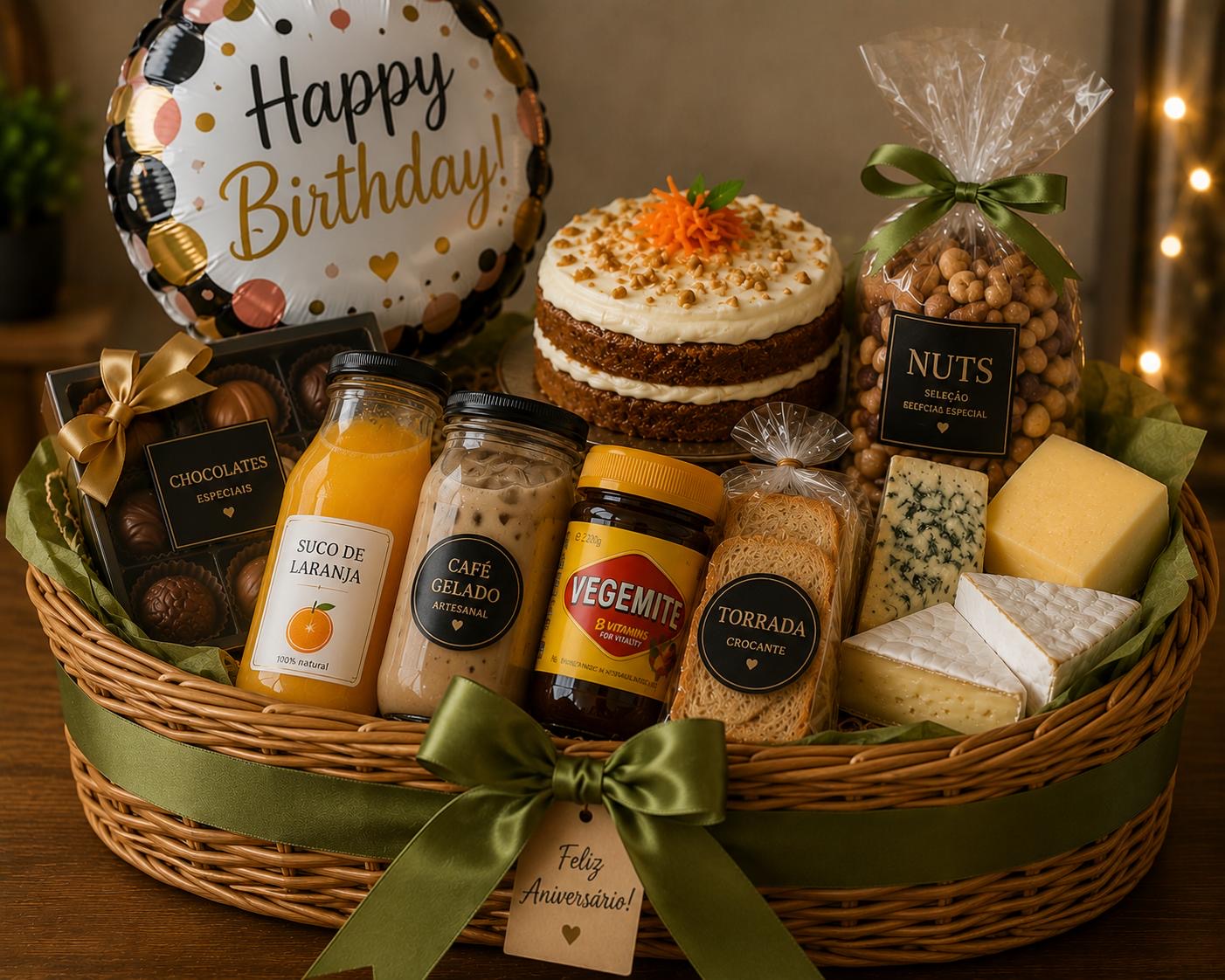 The Adelaide Classic hamper with cheeses, jam, fresh strawberries, croissant, yoghurt and orange juice.