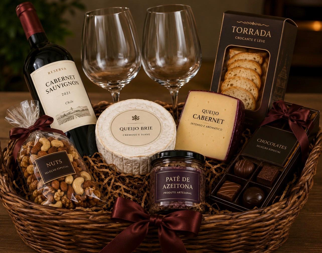Corporate Edit hamper with Penfolds Bin 2 Shiraz Mataro 2020, two wine glasses, gourmet nuts, fresh grapes and strawberries, Olina's Bakehouse crackers, Emborg Camembert and Brie, Normandie chicken pâté and Lindt Excellence dark chocolate.
